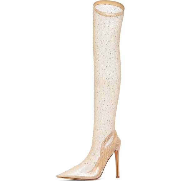 ⚡Women's Tan Rhinestone Mesh Pointed Toe Stiletto Heeled Boots Sexy Knee High - Picture 1 of 5